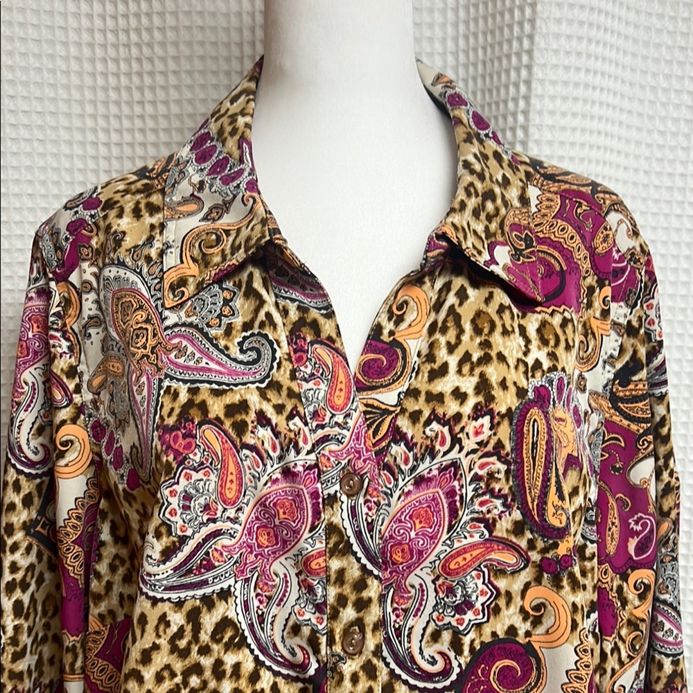 Denim&Co 1X Leopard Paisley Button-Up Blouse